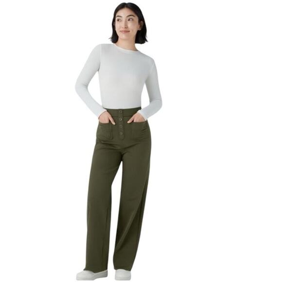 Halara High Waisted Straight Leg Casual Pants Size L Olive Green Stretch Pockets - Picture 3 of 16